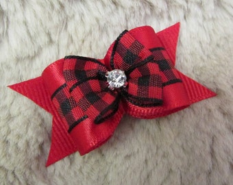 Buffalo red Dog hair Bow - 7/8 single loop christmas plaid - Yorkie bow+