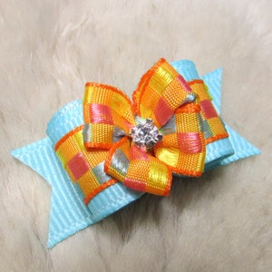 turquoise orange Dog hair Bow - 5/8 single loop dog bow - yorkie bow+