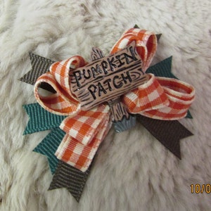 May include: A brown and white gingham ribbon bow with a wooden sign that says "Pumpkin Patch" in brown lettering. The bow is decorated with green and brown ribbon accents.