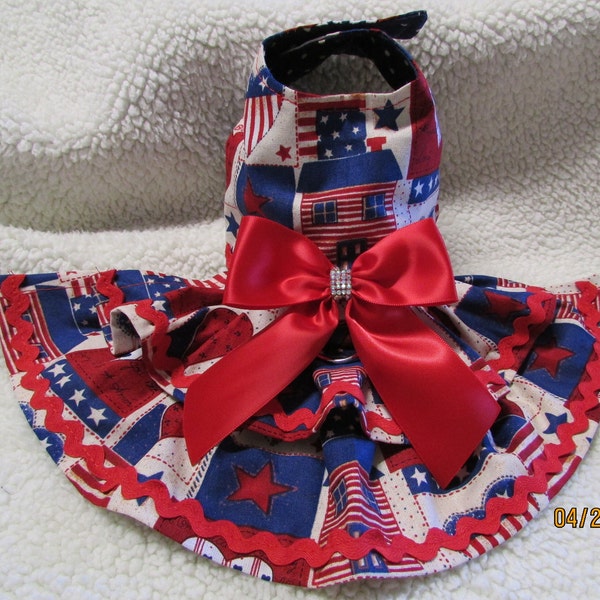 Patriotic dog dress blue stars red stripes 4th of July Memorial Day