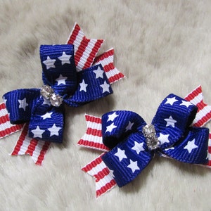 Patriotic Dog Bows: Red White Blue Stars, Small Breed Pigtail Bows