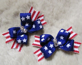 Patriotic Dog hair Bows - small boutique blue red white Stars and Stripes - yorkie+ Pigtail bows /teacup