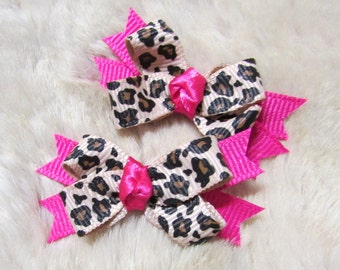 pink leopard Dog hair Bows - small boutique tan leopard and pink, or red or black - yorkie+ Pigtail bows /teacup