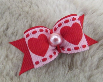 red heart Dog Bow - 5/8" single loop Valentine's day - pink  - yorkie bow+