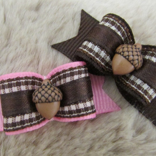 Acorn Dog hair Bow - 5/8 single loop - Harvest Fall/ Autumn  - yorkie bow+ Pink or brown acorn