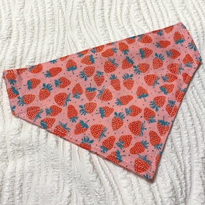 May include: Pink pet bandana with a repeating pattern of red strawberries with green stems and blue dots. The bandana is made of fabric and is designed to be worn around a pet's neck.
