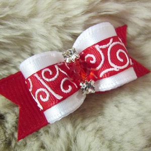 Red white swirls Dog Bow - 5/8&quot; single loop - Yorkie/ Maltese/ Shih Tzu bow+