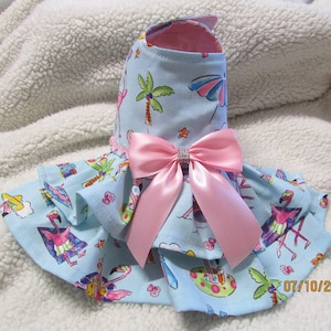 Blue pink funny beach flamingo dog dress summer fun harness dress