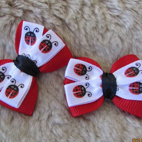 Lady bug Dog Bow - 1 1/2" butterfly style bows for pigtails red white black sold as pair  - Yorkie+