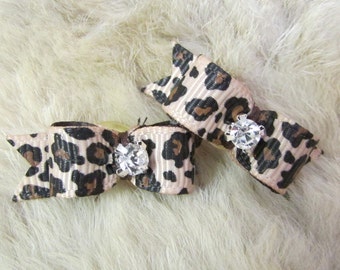 Leopard Dog hair Bows - 3/8" xs tiny tie single loop pigtail bows -  yorkie/ teacup bow+