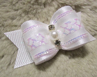 White Glitter Bridal Dog Bow: Handmade Pet Hair Accessory