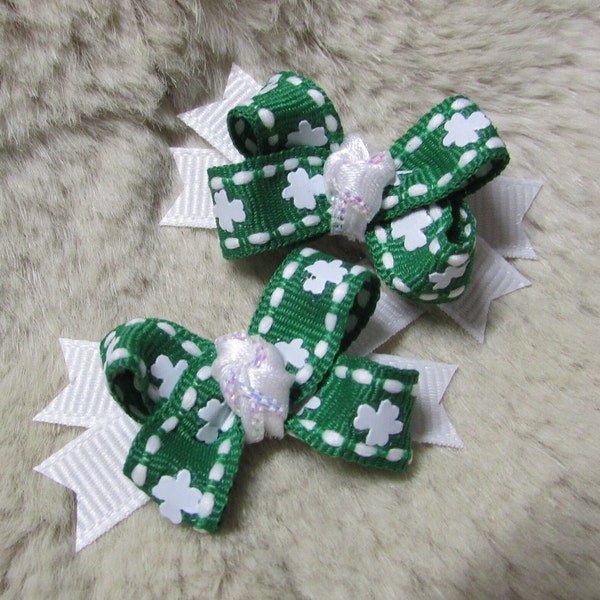 Patrick's Day Dog hair Bow - small boutique green white shamrock - yorkie+ Pigtail bows /teacup