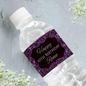 30 Purple Glitter Birthday Water Bottle Labels  - Turquoise and Purple - Spa Party Water Bottle Labels