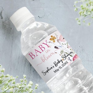 30 Printed Baby in Bloom Baby Shower Water Bottle Labels - Waterproof Labels - Customize Your Colors, Fonts and Text