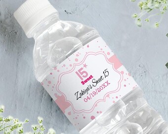 Personalized Sweet 15 Water Bottle Labels: Pink Birthday Party Decor
