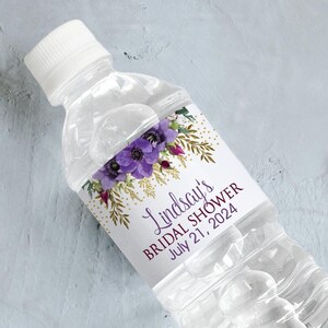 30 Purple Flowers Wedding Bridal Shower Water Bottle Labels, Personalized Water Bottle Labels, Waterproof Label,Welcome Bags, Birthday
