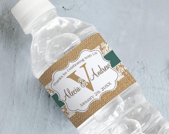 Personalized Burlap and Lace Wedding Water Bottle Labels | Monogram
