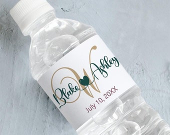 Printed Water Bottle Labels | Custom Color Wedding Monogram  | Waterproof, Smudge proof, Peel and Stick | Wedding, Bridal Shower