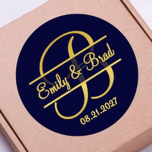 Personalized Monogram Thank You Wedding Round Sticker Favors - Navy Blue and Faux Gold Metallic Foil Labels  - Custom Colors