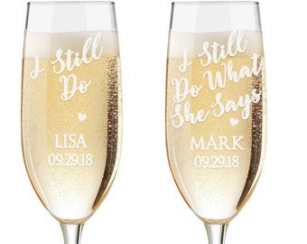 Personalized Anniversary Champagne Flutes, Engraved Wedding Toasting Glasses, Set of 2