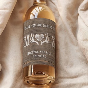 Custom Wedding Wine Labels | Deer Antlers Rustic Wedding Wine Labels | Thank You Country Wine Bottle Labels