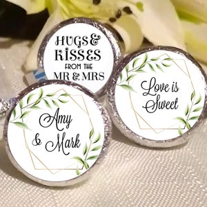 Personalized Kiss Stickers – Gold Leaves Frame Candy Labels, Bridal Shower Favors (Larger Sizes Available)