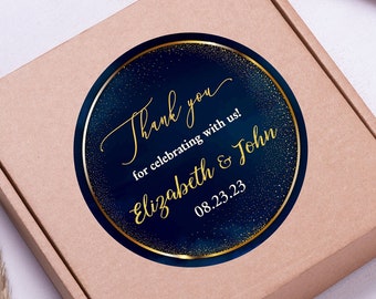 Personalized Thank You Stickers - Thank You For Celebrating With Us -  Gold and Navy - Round Wedding Favor Labels for Gifts Bottles and More