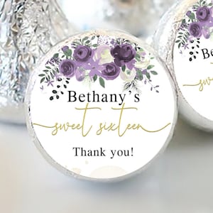 Personalized Purple Floral Candy Stickers – Sweet 16, Bridal Shower, Wedding or Birthday Party Favors