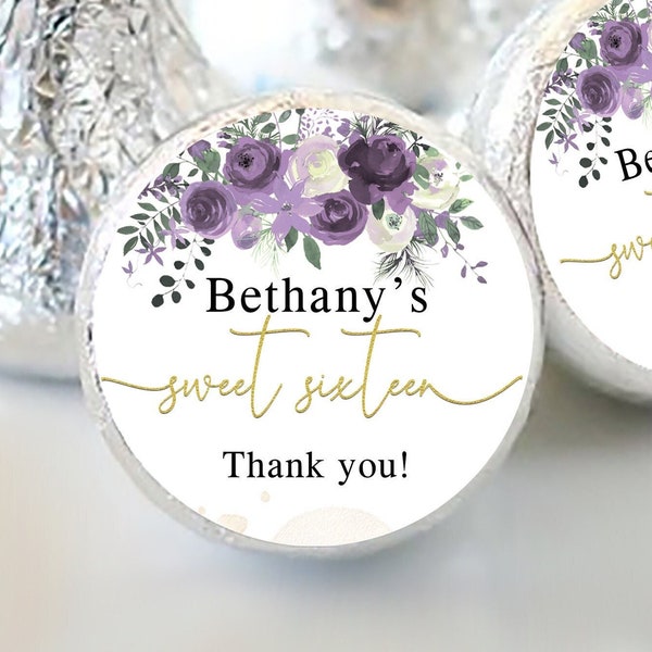 PRINTED 3/4" Round Candy Stickers | Sweet 16 | Purple Bouquet | Bridal or Baby Shower, Wedding, Birthday, 108 Stickers