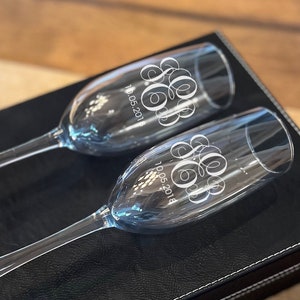 Engraved Wedding Flutes with Entwined Monogram - Personalized Bride & Groom Champagne Flutes - Optional Keepsake Box