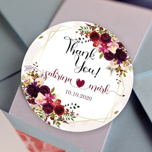 Floral Custom Labels - Personalized Stickers -  Round Stickers - Bridal Shower - Wedding Decor - Thank you - Burgundy Rose Bouquet
