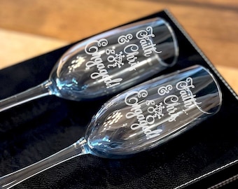 Just Engaged Personalized Champagne Glasses - Custom Engraved Engagement Toasting Flutes - Engagement Gift - Wedding Glasses - Got Engaged