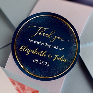 Personalized Thank You Stickers - Thank You For Celebrating With Us -  Gold and Navy - Round Wedding Favor Labels for Gifts Bottles and More