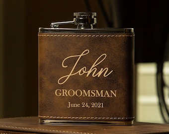 Personalized Groomsman Flasks, Leather Wrapped, Rustic Gold, Best Man Flask, Bridal Party Flask, Gift Flask Set, Personalized Leather Box