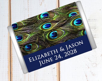 Personalized Peacock Feather Candy Bar Labels | Wedding Favors