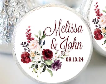 PRINTED 3/4&quot; Round Candy Stickers | Custom Wedding Floral Wedding Kiss Stickers | Burgundy Rose | Bridal Shower, Wedding, 108 Stickers