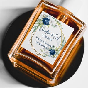 Vintage Greenery Bottle Labels: Navy Rose Gold Frame, Personalized Favor