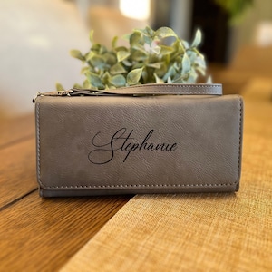 Cartera de cuero para mujer, Clutch de mujer personalizado, Cartera grabada personalizada, Bolso de cuero, Cartera de protección RFID, Regalos para ella