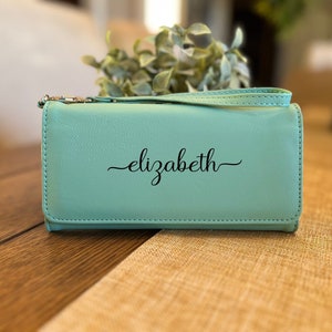 Cartera de cuero para mujer, Clutch de mujer personalizado, Cartera grabada personalizada, Bolso de cuero, Cartera de protección RFID, Regalos para ella