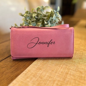Cartera de cuero para mujer, Cartera de mano personalizada para mujer, Cartera grabada personalizada, Bolso de mano de cuero, Cartera con protección RFID, Regalos para ella