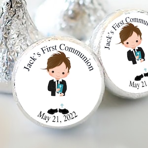 Boys First Holy Communion Kiss Stickers | Communion and Baptism Favors  | Sheet of 108 Stickers | Brown Haired Boy