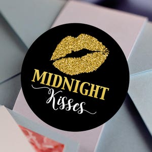 Midnight Kisses Round Labels Gold and Black Labels Wedding Decor Black Gold and White Round Labels Thank you Labels image 1