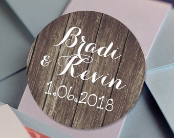 Glossy Round Sticker Label Tags - Wedding Favor & Gift Tags  - Rustic Names and Date Stickers - Rustic Stickers - Rustic Wedding Decor