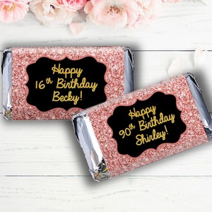 Rose Gold Birthday Miniatures Chocolate Wrappers | Milestone Birthday Mini Wrappers | Birthday Decor | Rose Gold with Gold Imprint