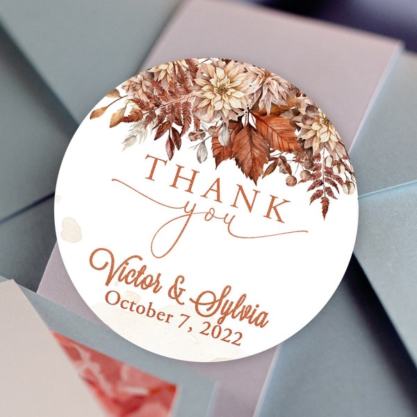 Vintage Fall Floral Wedding Bridal Shower Thank you Favor Labels - Personalized Stickers -  Round Stickers - Wedding Décor - Thank you