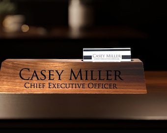 Engraved Walnut Desk Name Plate with Business Card Holder – Personalized Office Name Sign