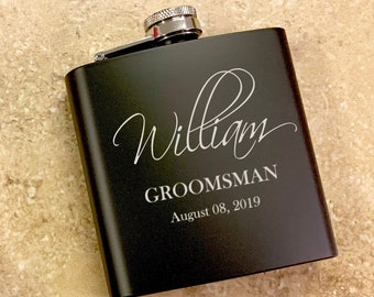 Groomsman Gift, Personalized Flask Set for Men, Custom Engraved Black Hip Flask, Best Man Flask, Script Name Flask for Groomsmen