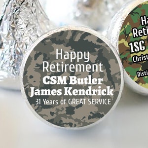 Printed 3/4" Round Candy Stickers | Camo Retirement | Retirement Candy Labels | Military Retirement | 108 Stickers | more sizes available