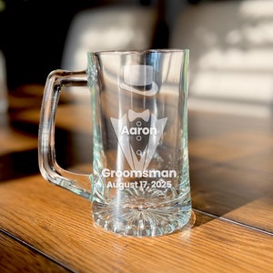 Personalized Beer Mug | Custom Engraved Tuxedo Beer Mugs With Handle, Groomsman Gift, Best Man Gift, Father of the Bride Gift, Grooms Gift