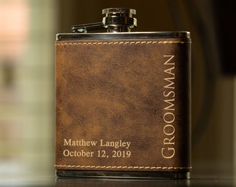 Personalized Groomsman Flasks, Leather Wrapped, Rustic Gold, Best Man Flask, Bridal Party Flask, Gift Flask Set, Personalized Leather Box